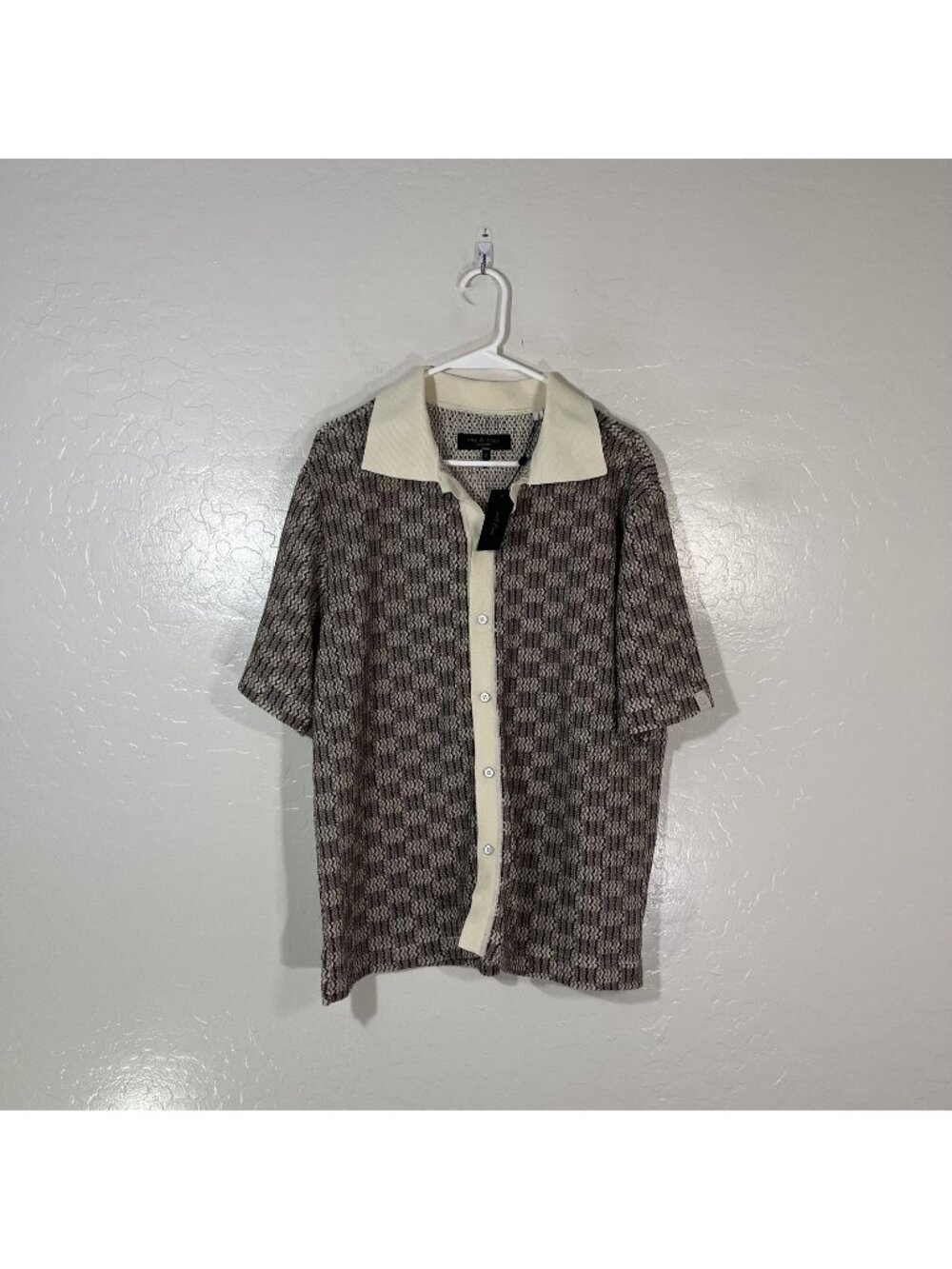Rag & Bone Payton Crochet Shirt Mens Large Brown Stripe Short Sleeve Button Up